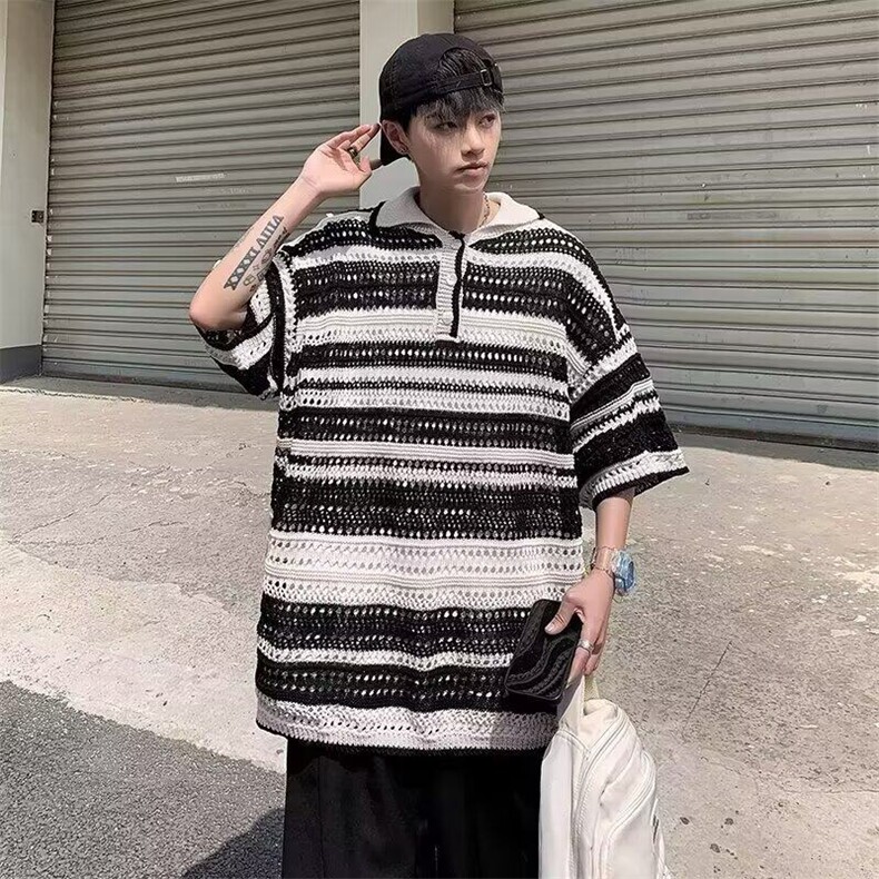 --Z381-条纹镂空polo针织短袖夏季慵懒透气杉图片