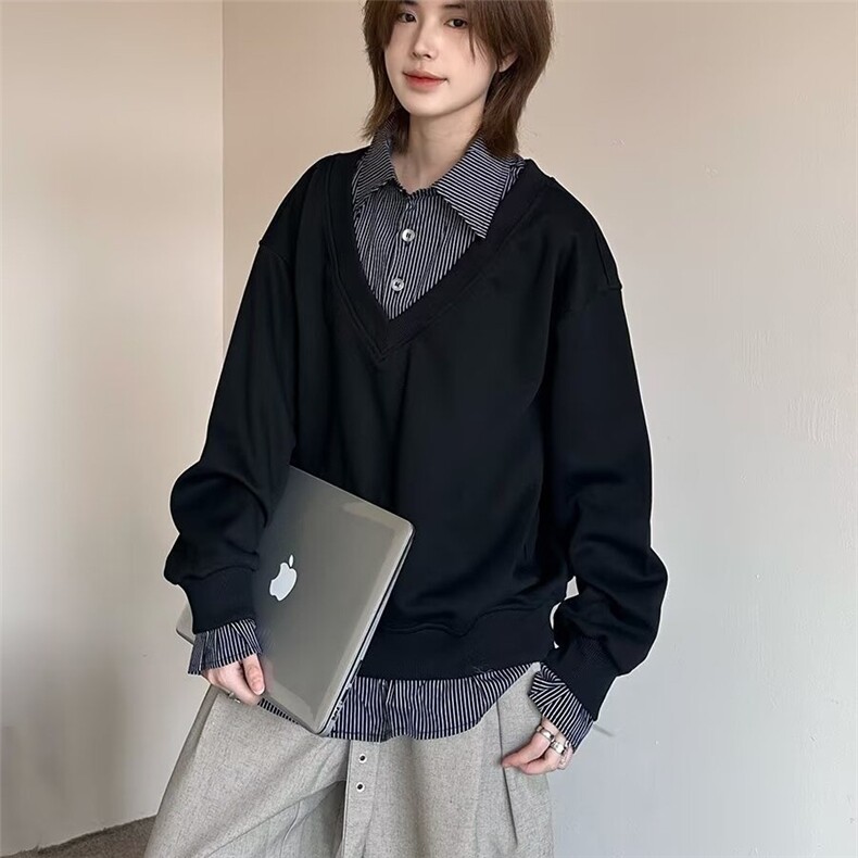 HY03-P502025春秋美式潮牌小众时髦高街假两件翻领卫衣衬衫,男装衬衫,电商B323A