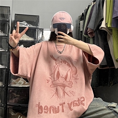 深灰色皮卡丘T恤男夏季麂皮绒重磅短袖美式高街oversize半袖体恤，男装T恤，电商C413