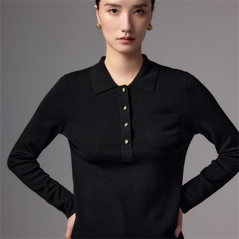 老钱风polo领针织衫女深灰色修身通勤上衣2025新款高端精纺羊毛衫,女装羊毛衫,蚂蚁派对工厂直营店