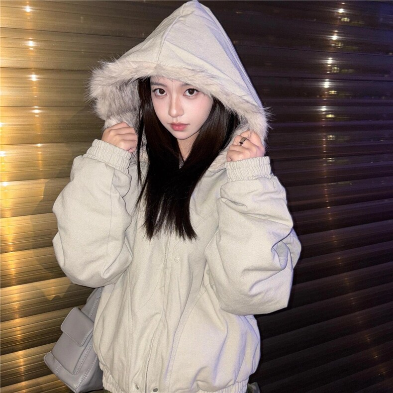 潮美式复古棉服女2025新款冬季黑色连帽外套女毛领加厚棉衣棉袄,男装棉衣,星座506A