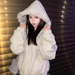 潮美式复古棉服女2025新款冬季黑色连帽外套女毛领加厚棉衣棉袄图片