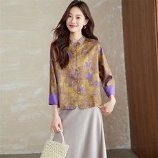 2025年秋季薄款双面穿印花拼接插肩袖单排扣新中式外套长袖上衣，女装短外套，新依时派