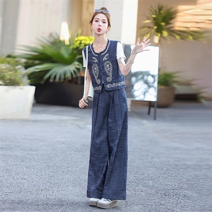 高级感复古刺绣牛仔套装女2025秋季新款休闲无袖马甲阔腿裤两件套图片