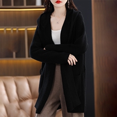 2025年秋季新款连帽腰带针织女士开衫舒适休闲通勤百搭，女装针织衫/毛衣，暮绒羊羊绒