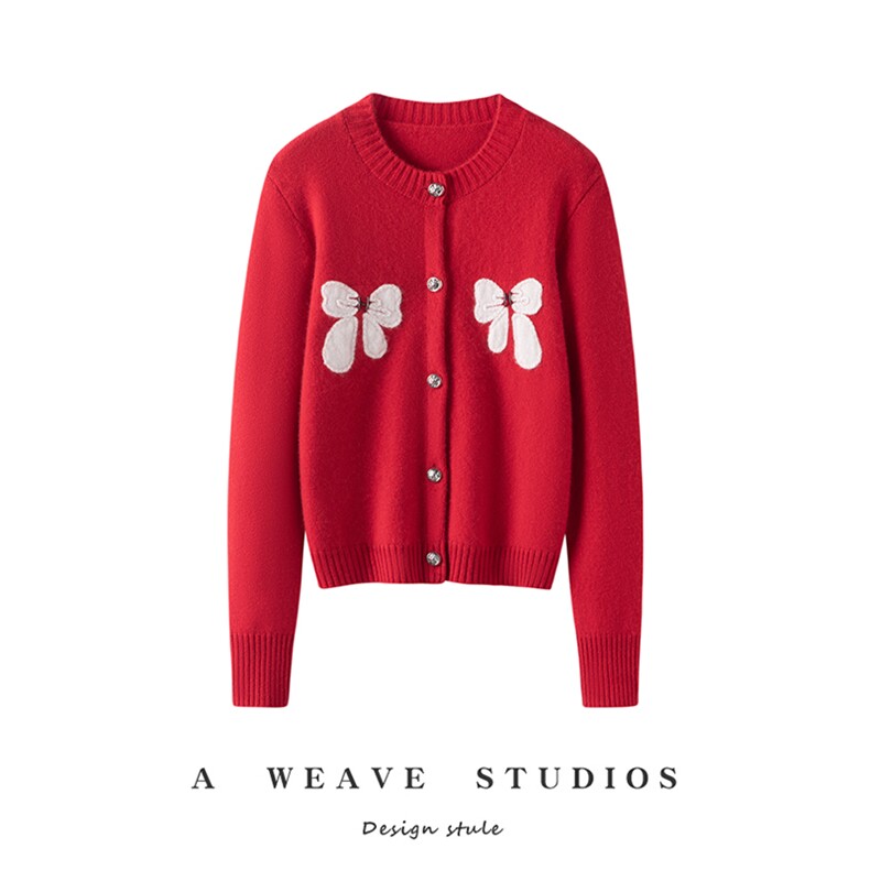 秋冬新款baby小山羊绒开衫女圆领针织时尚蝴蝶结宽松毛衣外套上衣，女装针织衫/毛衣，兴泰羊绒