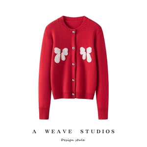 秋冬新款baby小山羊绒开衫女圆领针织时尚蝴蝶结宽松毛衣外套上衣，女装针织衫/毛衣，兴泰羊绒