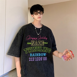 直播品质 重磅240克 美式复古蜡染水洗做旧宽松短袖t恤T1221-P38图片