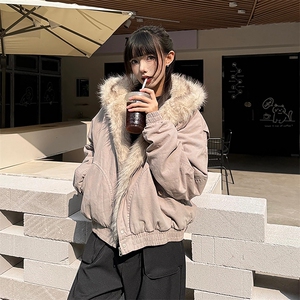 现货高品质美式高街冬季重磅硬挺短款座山雕毛领棉衣男女加厚外套图片