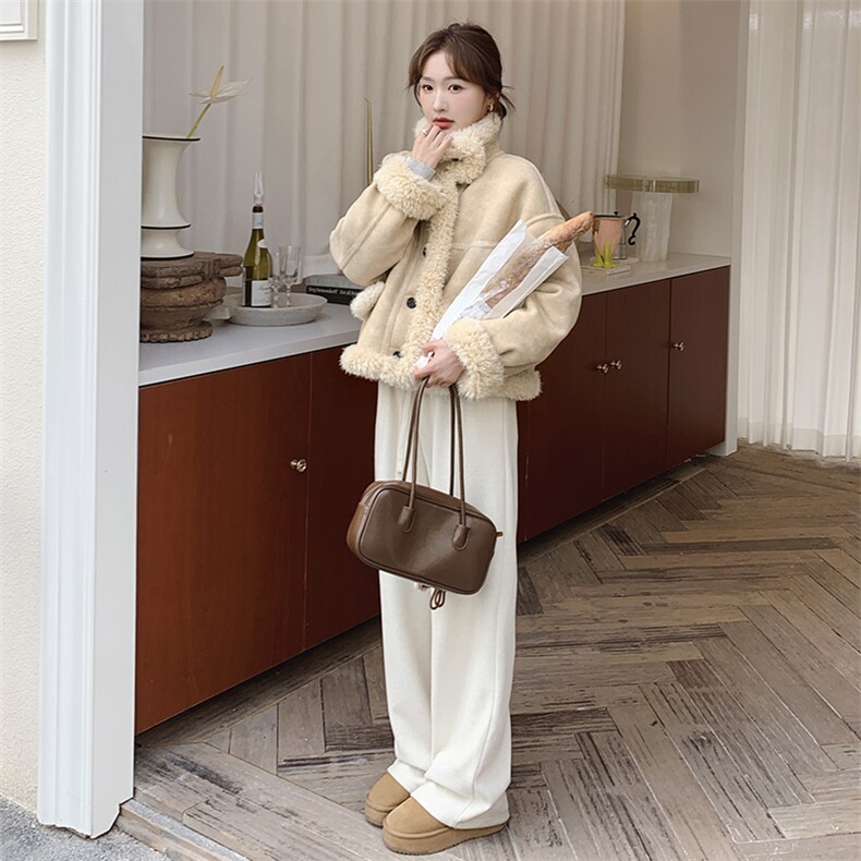 皮毛一体羊羔毛保暖外套女2024冬季新款宽松加厚立领高级感机车服，女装羊羔毛/颗粒绒，浙宝208