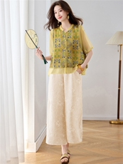 现货2026年夏季新款中式时尚两件套装女小衬衫马甲提花阔腿裤，女装套装/套裙，璐依舞