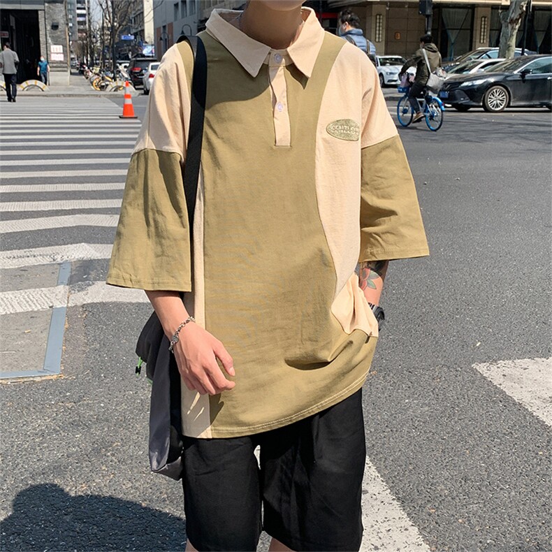 韩版夏季港风ins个性情侣拼接撞色Polo衫五分袖T恤男衫T527-P30,男装T恤,星座512-2