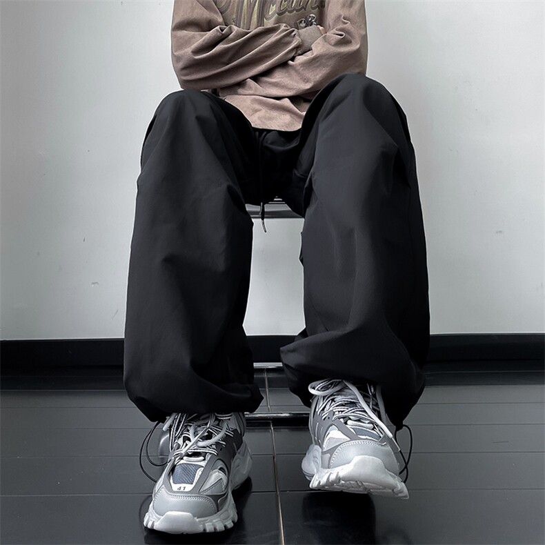 港风秋款男裤复合皱拼接抽绳束脚休闲长裤H85P45,男装休闲裤,星座1013-1