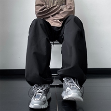港风秋款男裤复合皱拼接抽绳束脚休闲长裤H85P45，男装休闲裤，星座1013-1