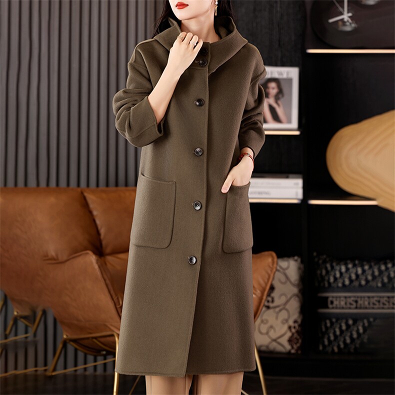 2024秋冬新款中长款连帽双面羊绒大衣女宽松休闲羊毛呢子外套，女装双面呢大衣，贝源羊绒