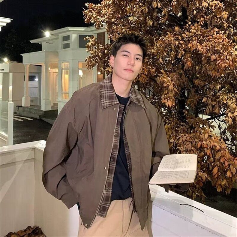 春秋美式复古翻领格子拼接假两件夹克男棒球服外套潮牌，男装夹克，星座716-4