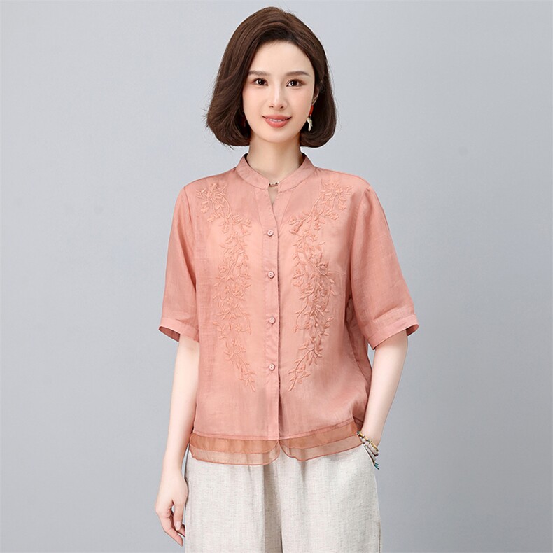 苎麻刺绣女夏2025新款宽松中年妈妈减龄天丝亚麻阔腿裤,女装衬衫,忆绮罗