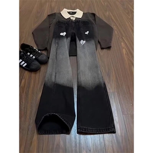 爱心刺绣渐变牛仔裤男女美式高街vibe潮牌直筒微喇裤LA5533-P47图片
