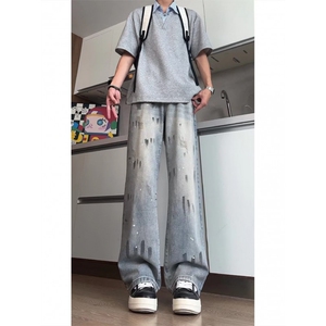 潮牌泼墨牛仔裤男女美式高街休闲长裤宽松直筒裤子K70716P47网图图片