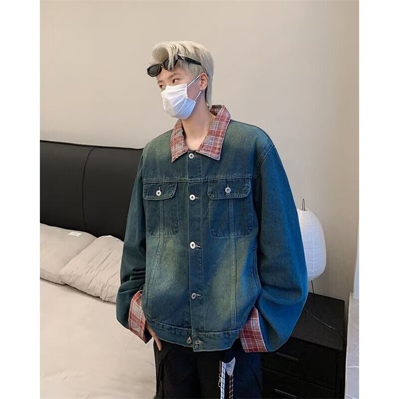 美式牛仔外套男春秋拼接格纹上衣小众设计感情侣夹克潮JN1238-p75,男装工装外套,星座302B