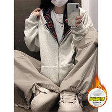 480G重磅加绒硬挺boxy男女秋冬美式高街假两件格子卫衣开衫厚外套，女装短外套，电商A486