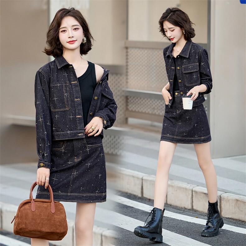 欧货复古设计感牛仔套装裤潮2024秋新款女时髦减龄气质短裙两件套，女装套装/套裙，跑量工厂店