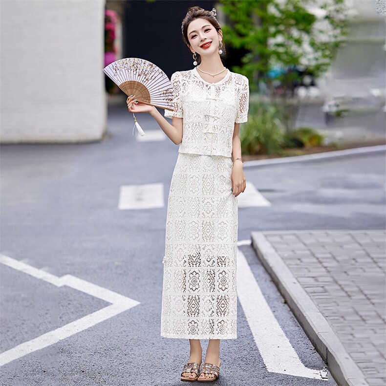 2024夏季新款新中式盘扣仙气小香风白色蕾丝两件套时尚套裙,女装套装/套裙,星期衣