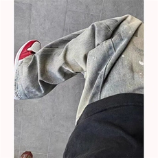 水洗脏染泼墨设计直筒牛仔裤男春秋季美式高街vibe修身显瘦微喇裤，男装牛仔裤，星座506A