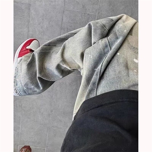 水洗脏染泼墨设计直筒牛仔裤男春秋季美式高街vibe修身显瘦微喇裤图片