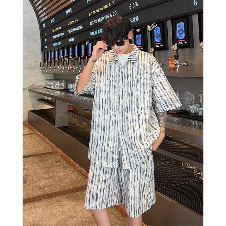 扎染短袖衬衫套装5XZ4012-TP75128港风复古休闲短裤两件套,男装衬衫,电商A102