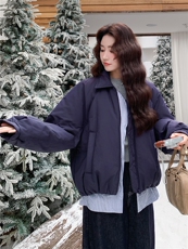 藏青色格子拼接假两件短款羽绒服女冬季2025新款设计感白鸭绒外套，女装羽绒服，慧尚依恋