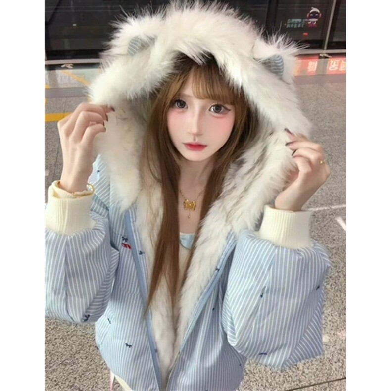 双面穿外套猫耳朵设计连帽棉服女冬季减龄宽松保暖上衣M3623,男装棉衣,星座1116A（原606A-3）