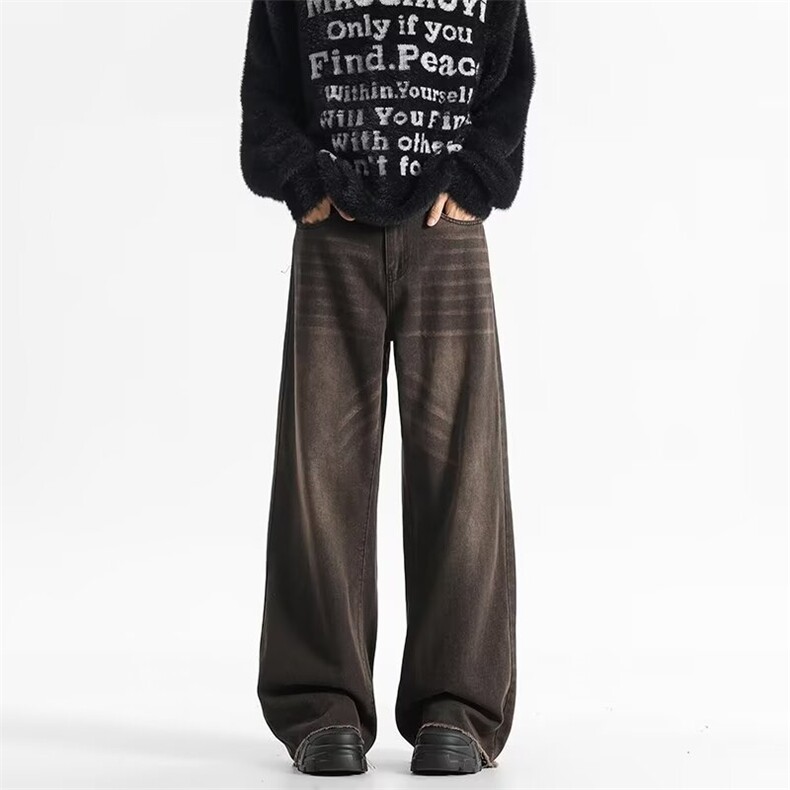 美式复古水洗做旧宽松阔腿黑色牛仔裤男2024秋冬款潮牌休闲裤2113，男装牛仔裤，星座506