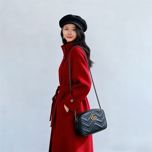 红色羽绒内胆毛呢外套女长款2025冬季新款时尚加厚赫本风呢子大衣图片