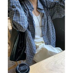蓝色格子纯棉长袖衬衫女春季休闲宽松慵懒风外搭衬衣外套C58