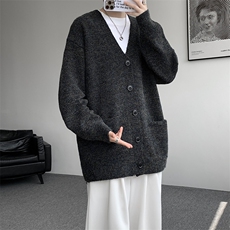 幻彩马海毛V领开衫毛衣男春秋美式复古宽松慵懒风针织衫休闲外套，男装针织衫/毛衣，电商B312
