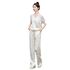 休闲运动套装女夏季2025新款时尚洋气提花盘扣成套搭配两件套图片