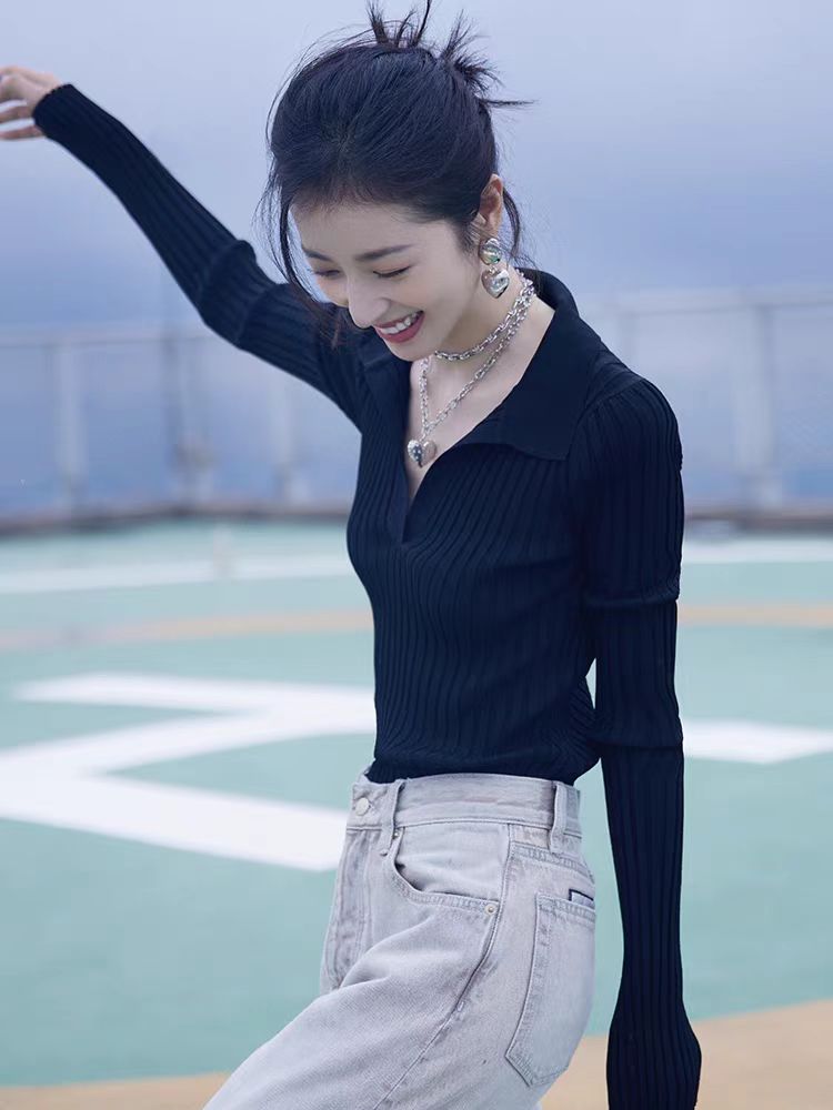显瘦时尚百搭女士V领锁骨长袖打底衫,针织衫/毛衣,狄美羊绒