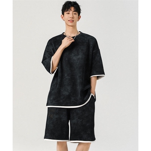 TZ775-特P50 控88 新款撞色拼接假2件套装短袖短裤T恤大码百搭,男装休闲套装,电商A059