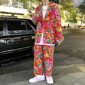 XF01男士港风文艺休闲大码西服套装西装东北大花民族风特色风图片