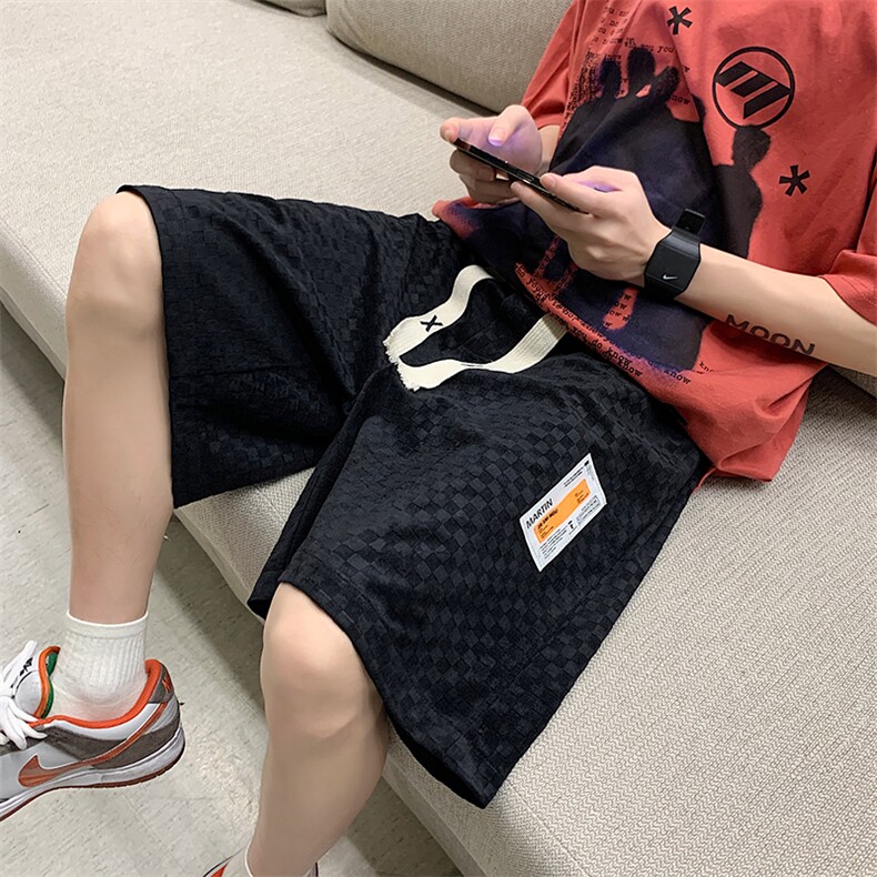 棋盘格短裤男夏季潮休闲沙滩裤贴标美式五分裤子K09-P40-控68,男装休闲裤,星座816A（原B366）