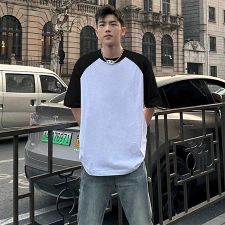 抖音得物高品质二开240克宽松纯棉美式潮牌插肩袖拼接短袖T恤,男装T恤,电商A486-1