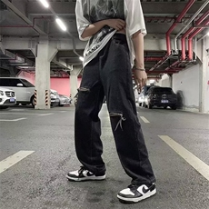 裤子高街ins潮牌拉链破洞牛仔裤男设计感小众坠感直筒裤1008P38，男装牛仔裤，星座410-2