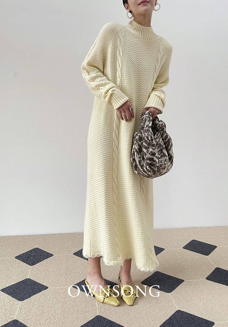 2025年秋季手钩边插肩麻花长裙，女装连衣裙，木淼羊绒