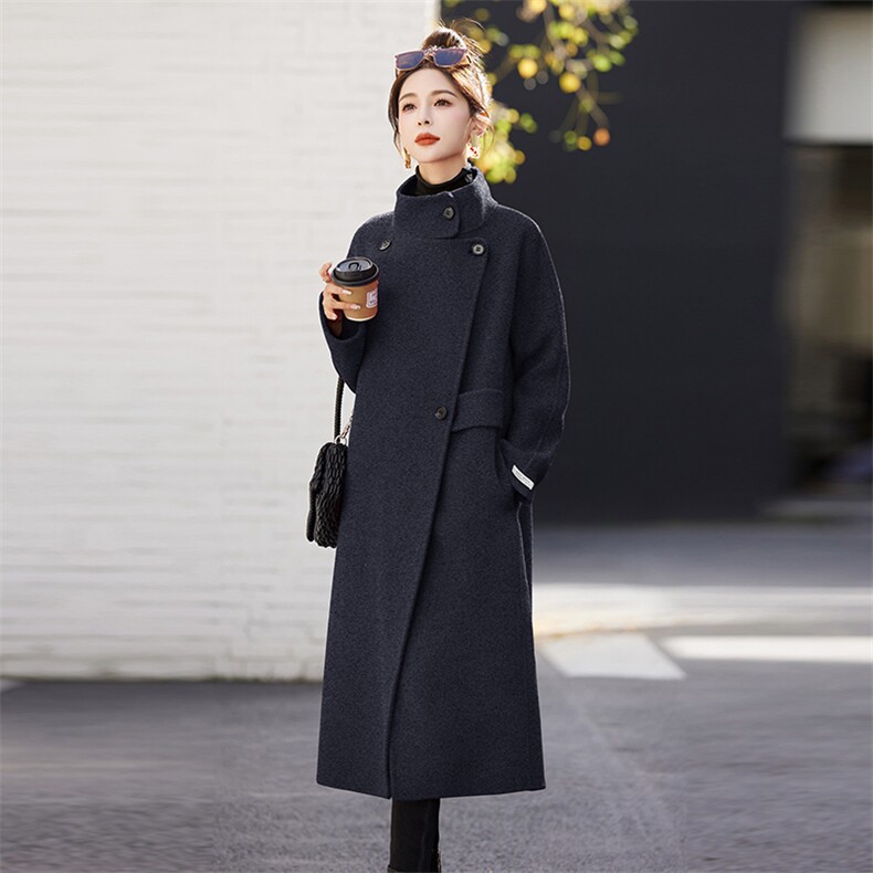 美拉德双面羊绒大衣女中长款2023冬新款立领本命年红色羊毛呢外套,女装双面呢大衣,乐吉娜