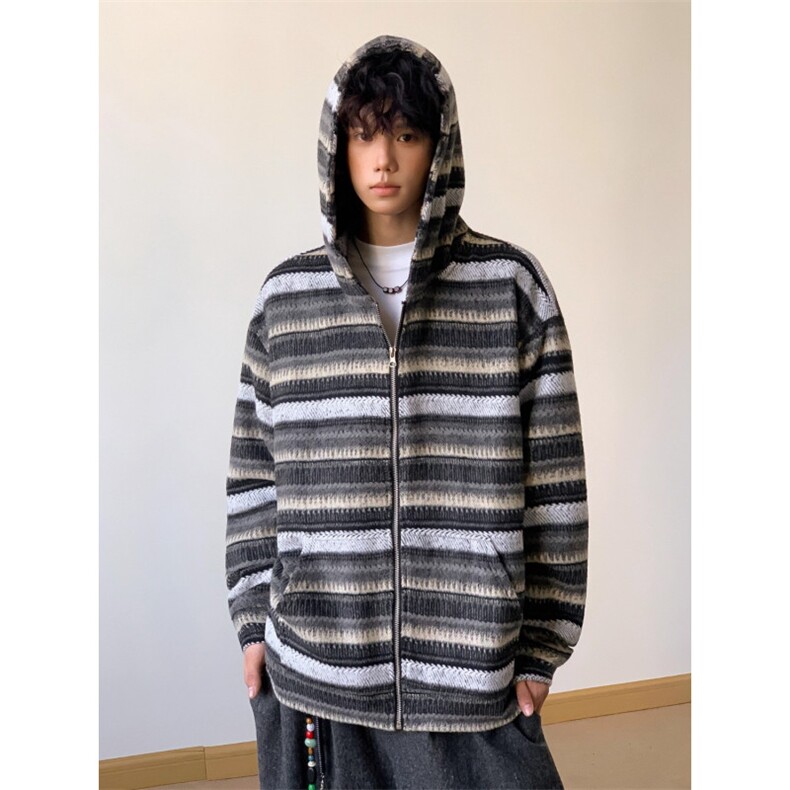 美式复古毛呢条纹开衫连帽卫秋冬季衣外套男士慵懒风情侣休闲帽衫，女装短外套，星座506A