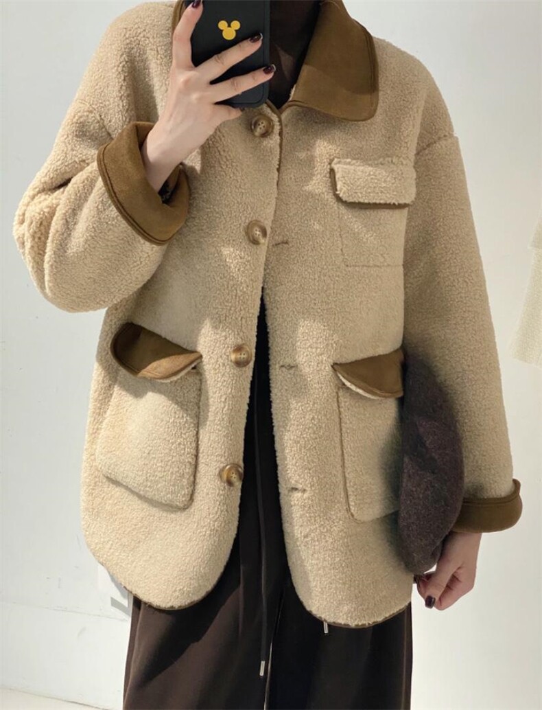 拼色羊羔毛外套，其它，驿谷