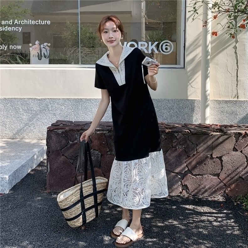 黑色蕾丝拼接连衣裙女中长款2025夏新款法式显瘦气质设计感鱼尾裙,女装连衣裙,秋水欣儿