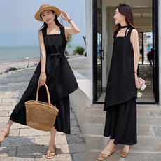 方领不规则假两件连衣裙女中长款2025春季超仙棉麻无袖背心长裙，女装连衣裙，难舍钰依