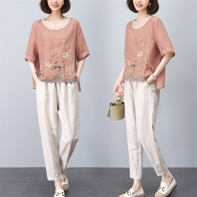 新中式刺绣苎麻衬衫套装女2025夏季新款妈妈宽松亚麻九分裤两件套，女装套装/套裙，璐依舞